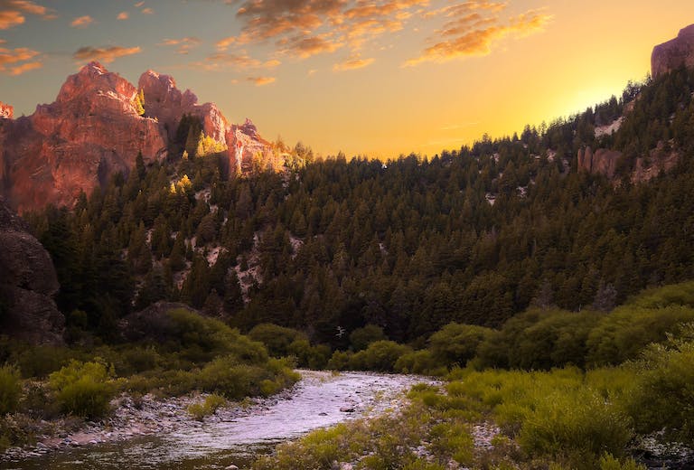 River Flowing in Zion National Park Under a Beautiful Sunset 