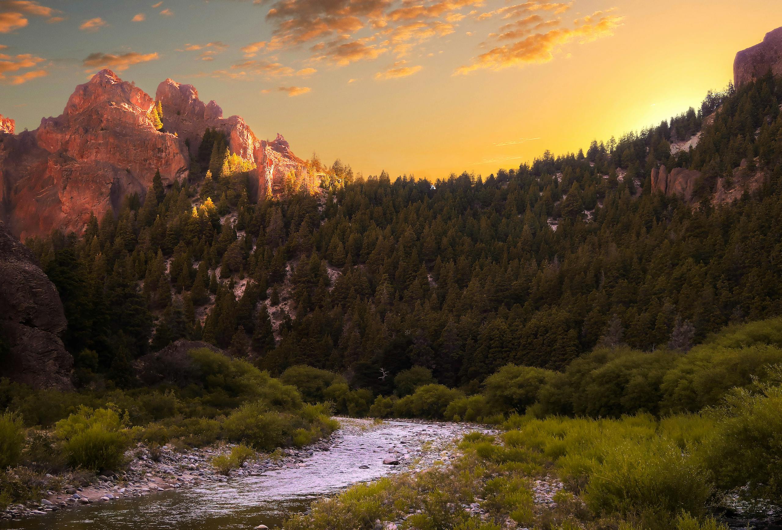 River Flowing in Zion National Park Under a Beautiful Sunset 